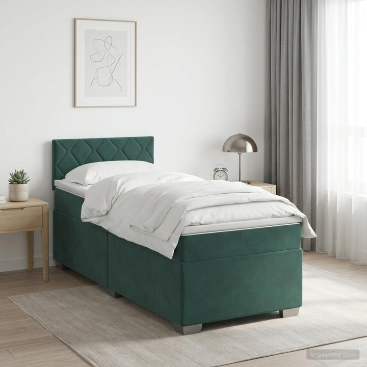 Box Spring Seng med Madras og LED Mørkegrøn 90 x 190 cm Velour