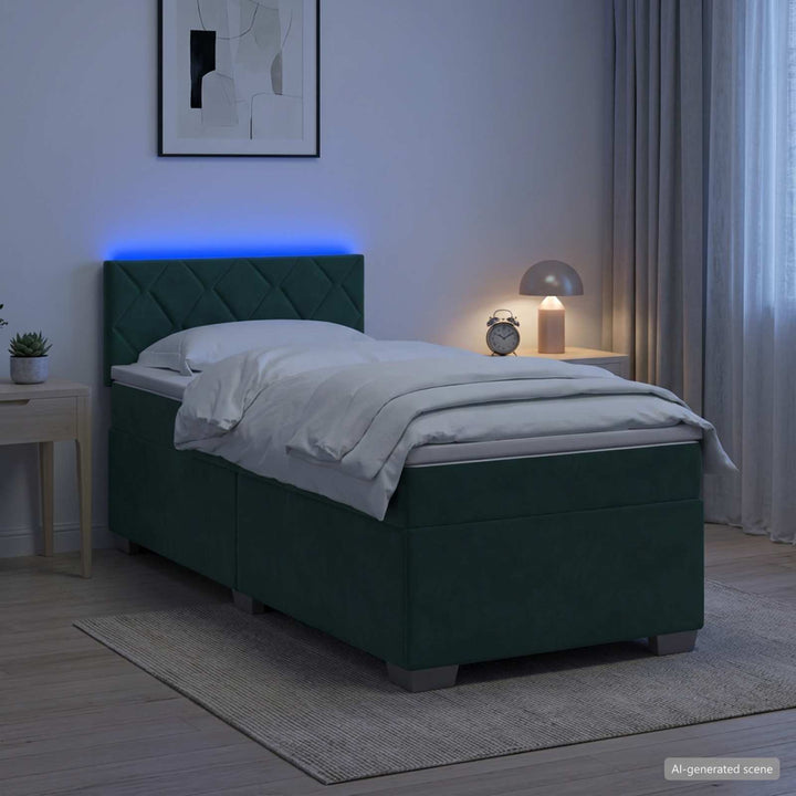 Box Spring Seng med Madras og LED Mørkegrøn 90 x 190 cm Velour