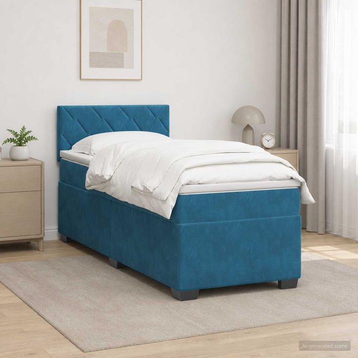 Box Spring Seng med Madras og LED Blå 90 x 190 cm Velour