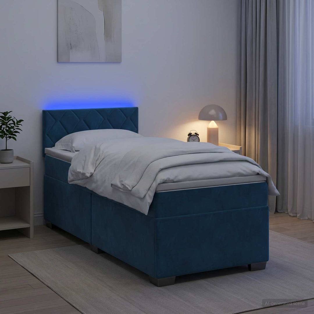Box Spring Seng med Madras og LED Blå 90 x 200 cm Velour