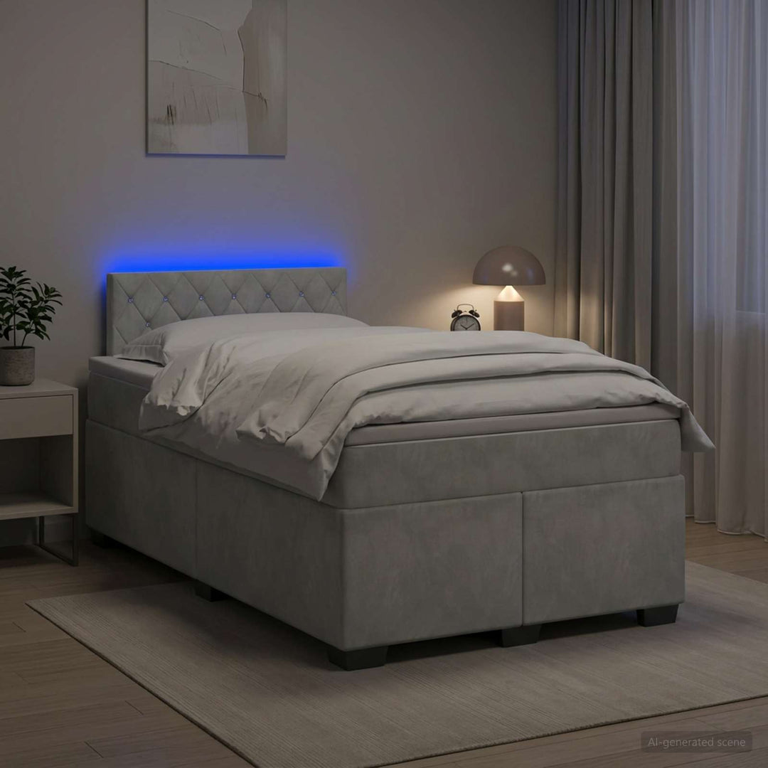 Box Spring Seng med Madras og LED Lysegrå 120 x 200 cm Velour