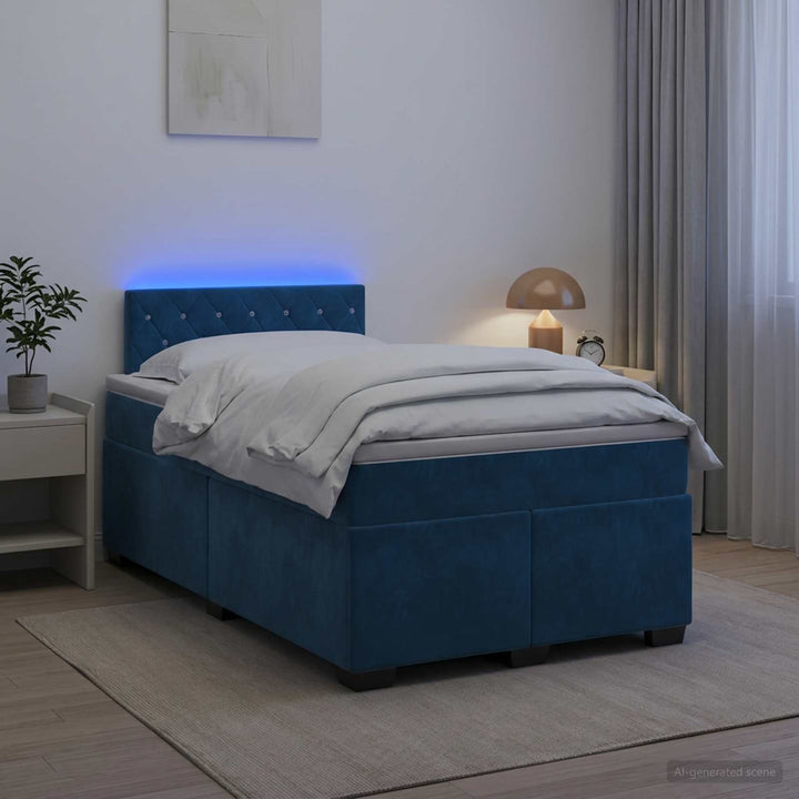 Box Spring Seng med Madras og LED Blå 120 x 200 cm Velour