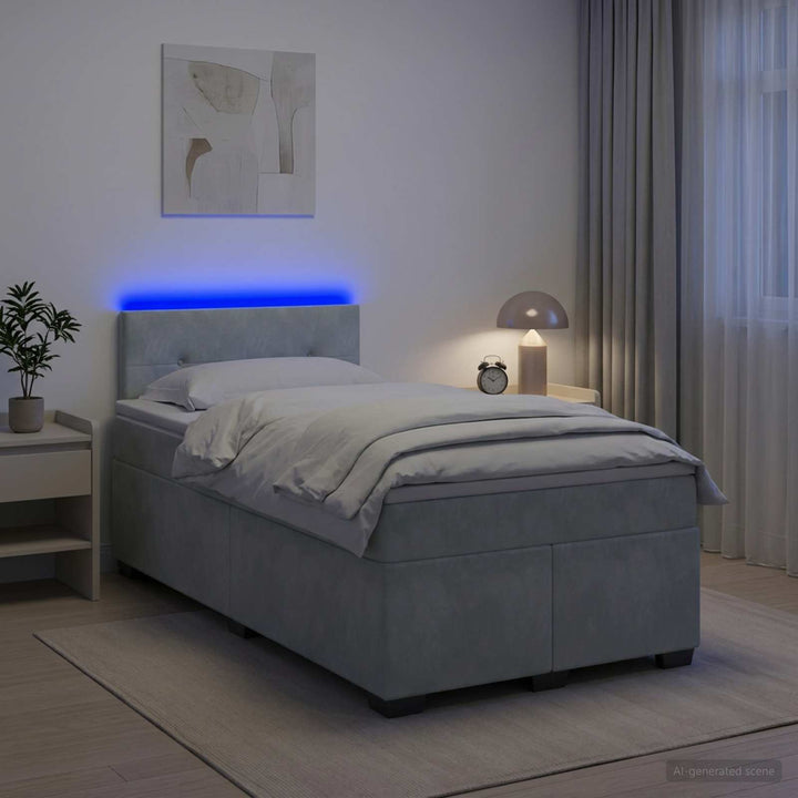 Box Spring Seng med Madras og LED Lysegrå 120 x 200 cm Velour