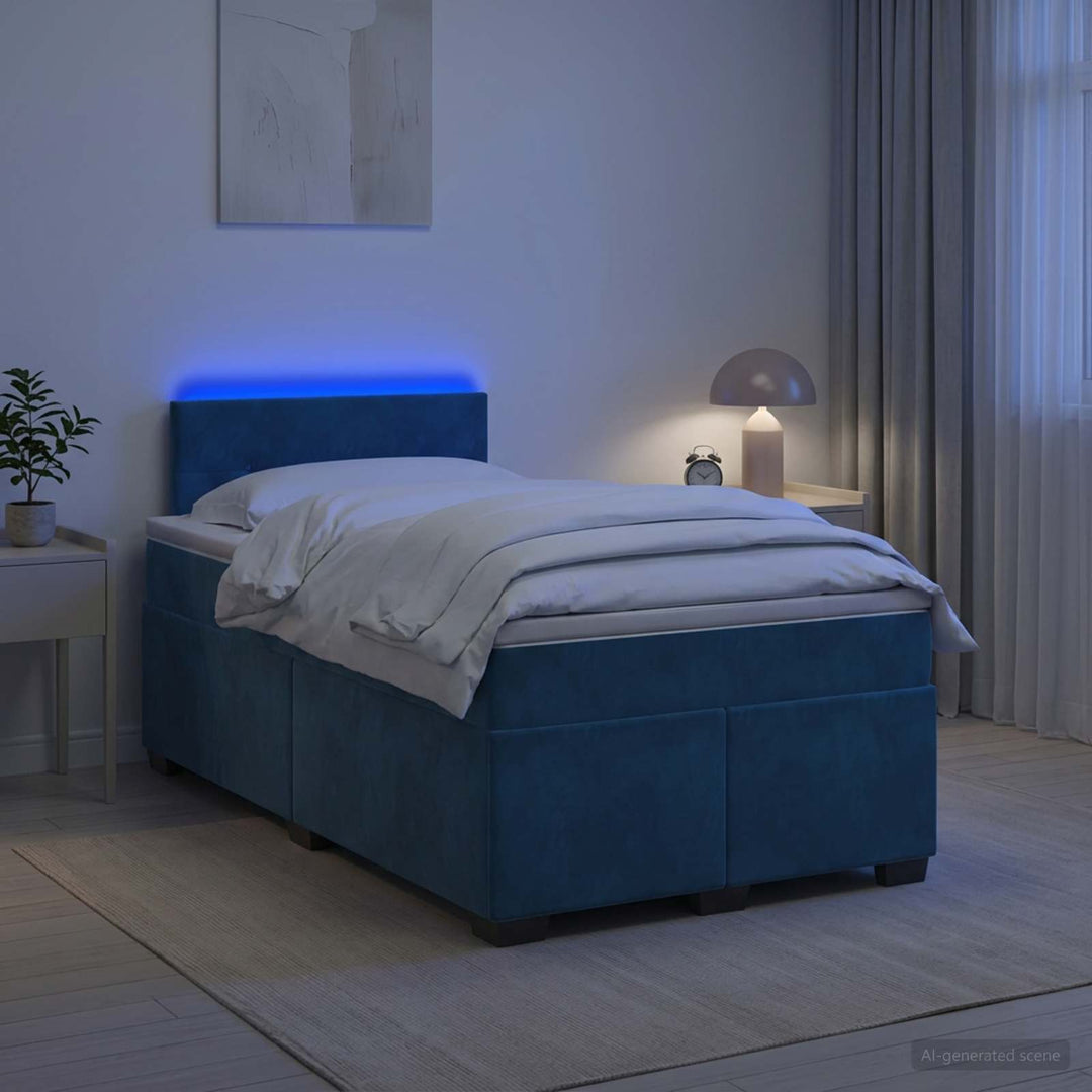 Box Spring Seng med Madras og LED Blå 120 x 190 cm Velour