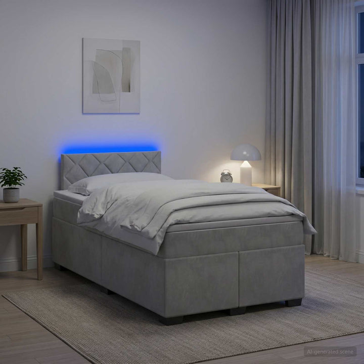 Box Spring Seng med Madras og LED Lysegrå 120 x 200 cm Velour