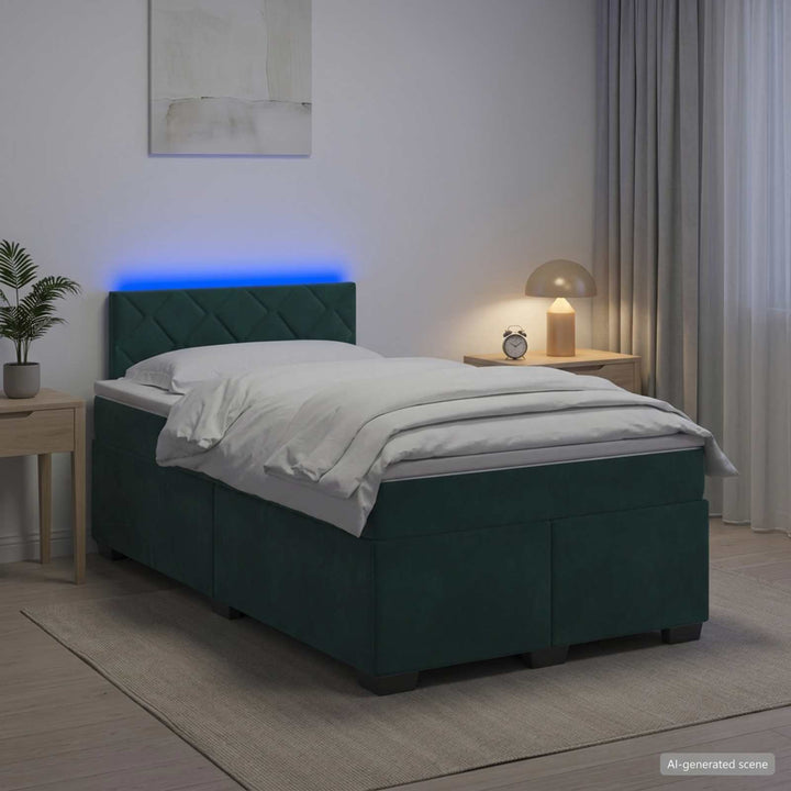 Box Spring Seng med Madras og LED Mørkegrøn 120 x 200 cm Velour