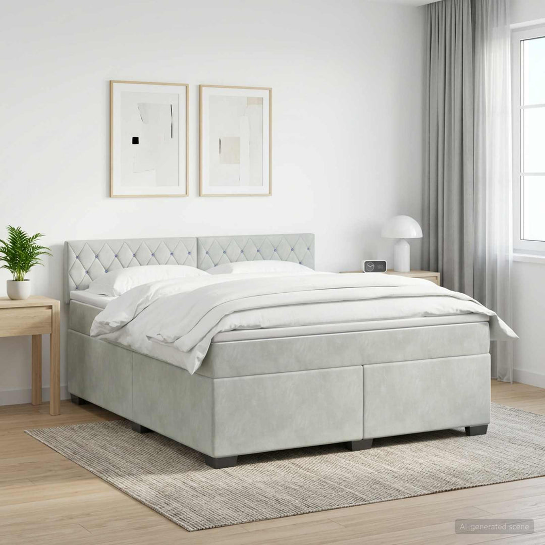 Box Spring Seng med Madras og LED Lysegrå 140 x 190 cm Velour
