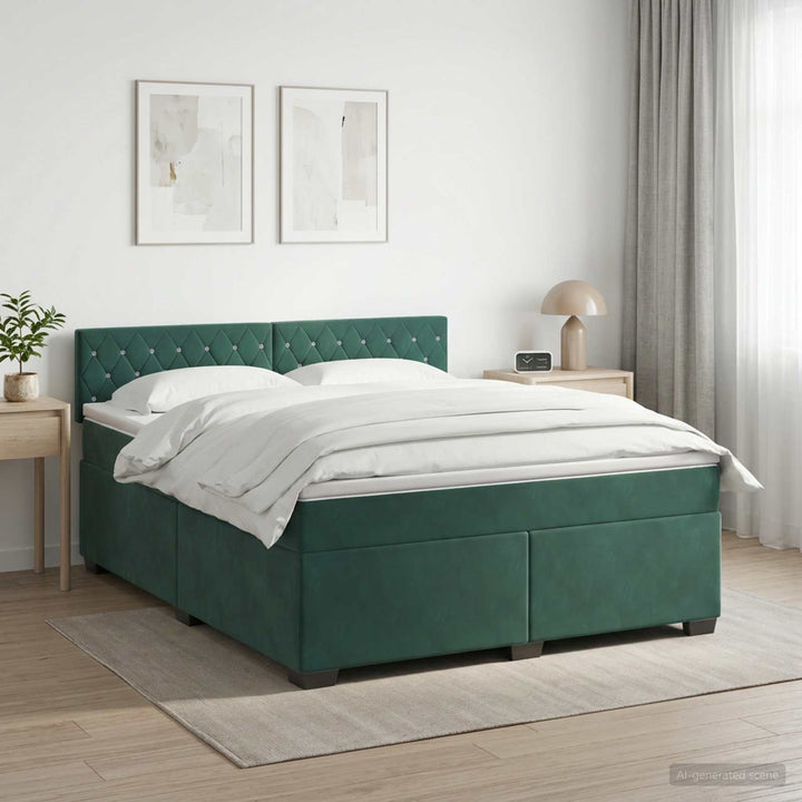 Box Spring Seng med Madras og LED Mørkegrøn 140 x 200 cm Velour