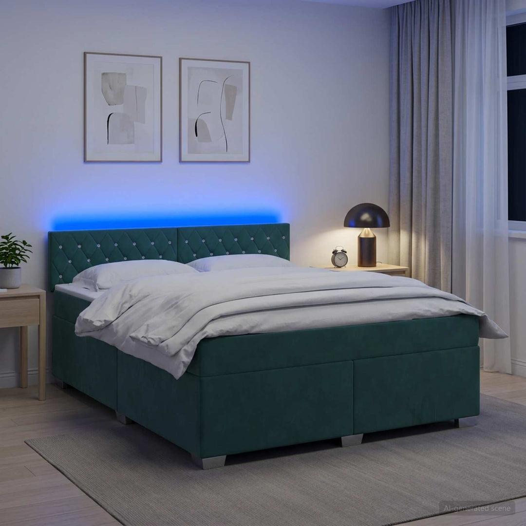 Box Spring Seng med Madras og LED Mørkegrøn 140 x 200 cm Velour