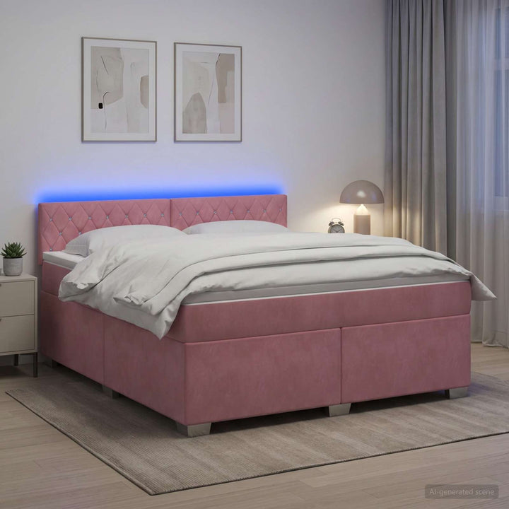 Box Spring Seng med Madras og LED Lyserød 140 x 200 cm Velour