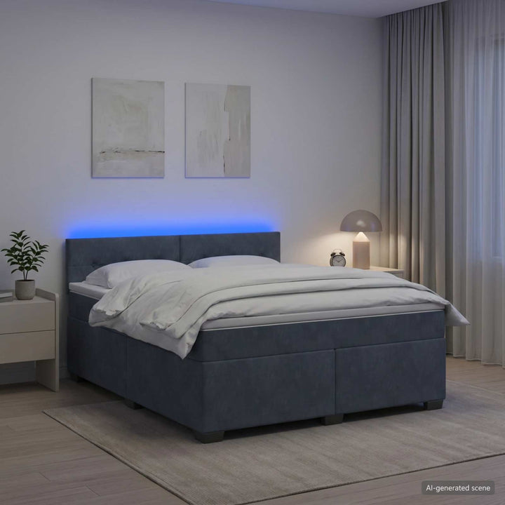 Box Spring Seng med Madras og LED Mørkegrå 180 x 200 cm Velour