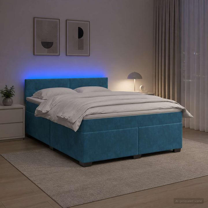 Box Spring Seng med Madras og LED Blå 180 x 200 cm Velour