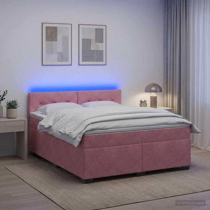 Box Spring Seng med Madras og LED Lyserød 160 x 200 cm Velour