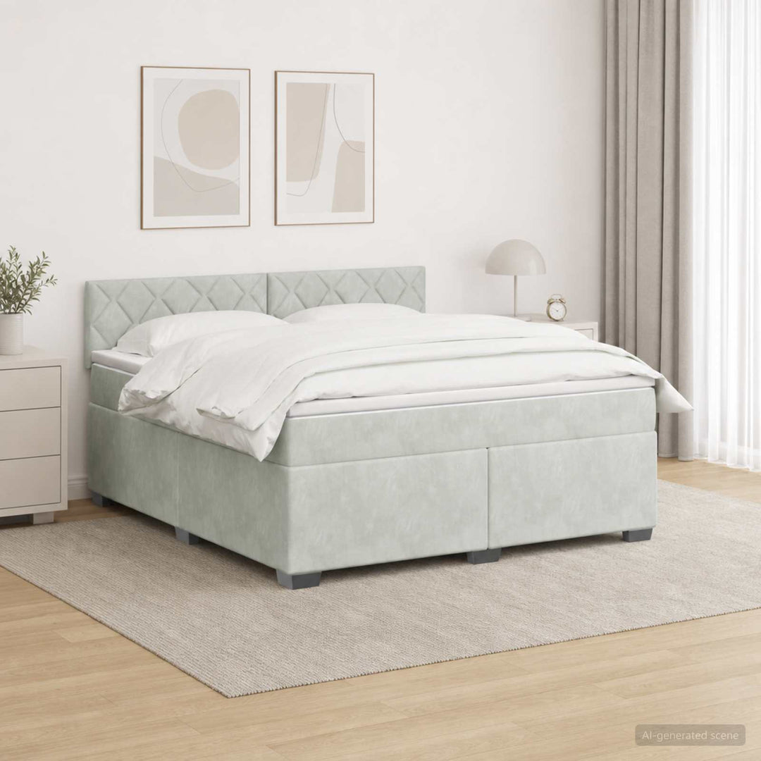 Box Spring Seng med Madras og LED Lysegrå 180 x 200 cm Velour