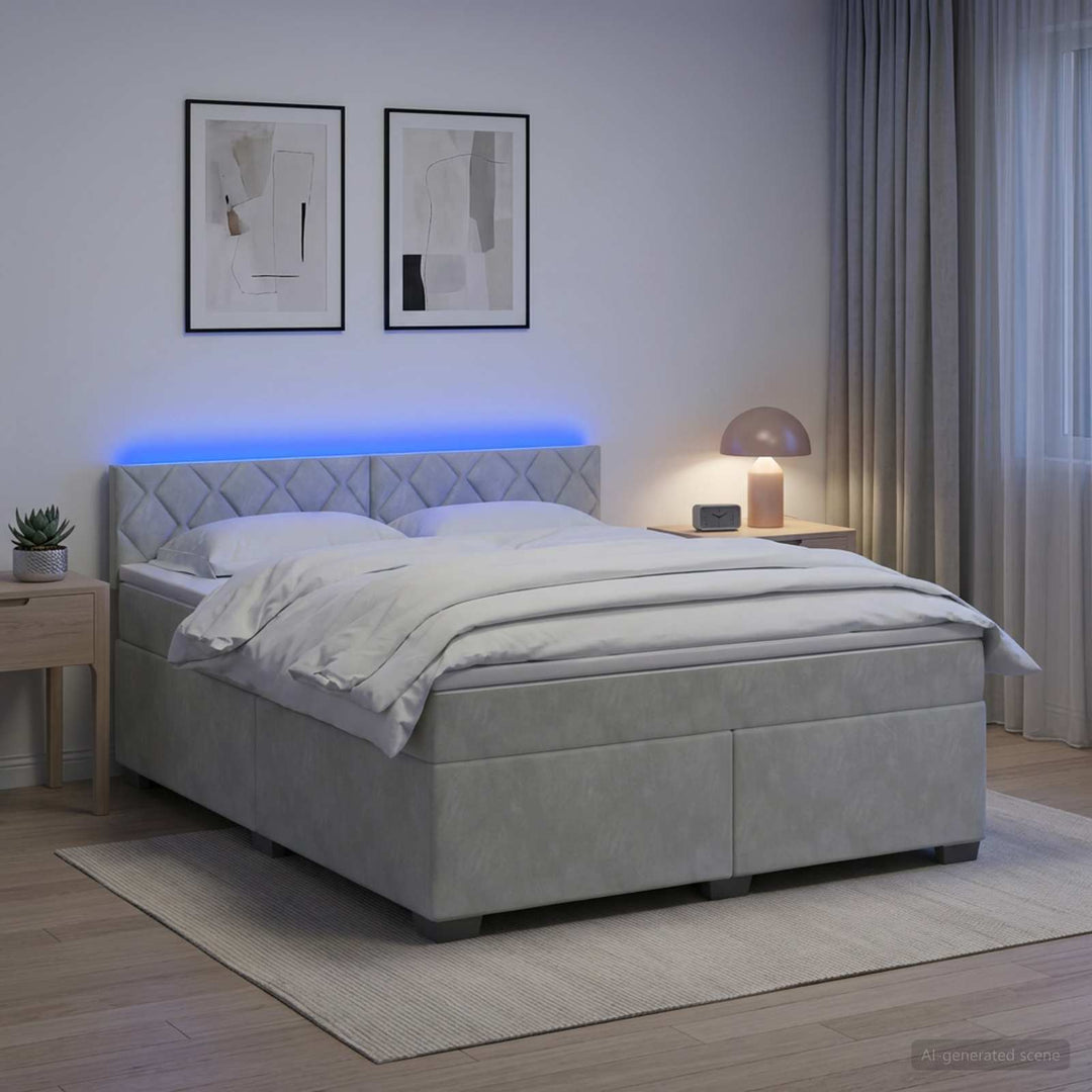 Box Spring Seng med Madras og LED Lysegrå 140 x 190 cm Velour
