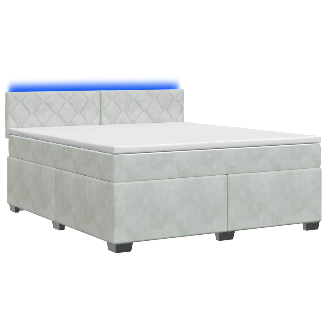 Box Spring Seng med Madras og LED Lysegrå 180 x 200 cm Velour