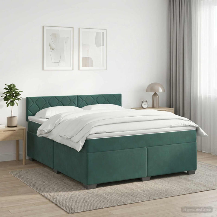Box Spring Seng med Madras og LED Mørkegrøn 140 x 190 cm Velour