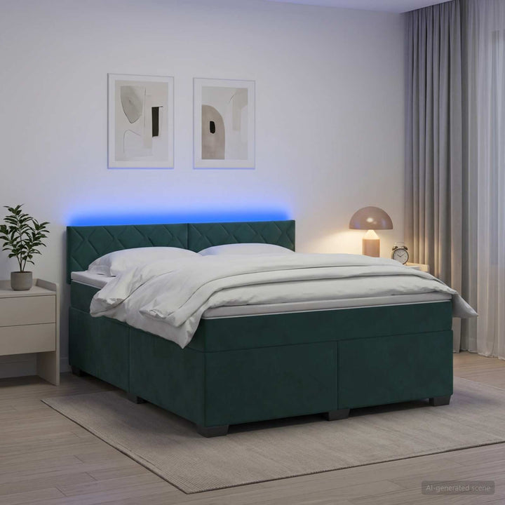 Box Spring Seng med Madras og LED Mørkegrøn 160 x 200 cm Velour