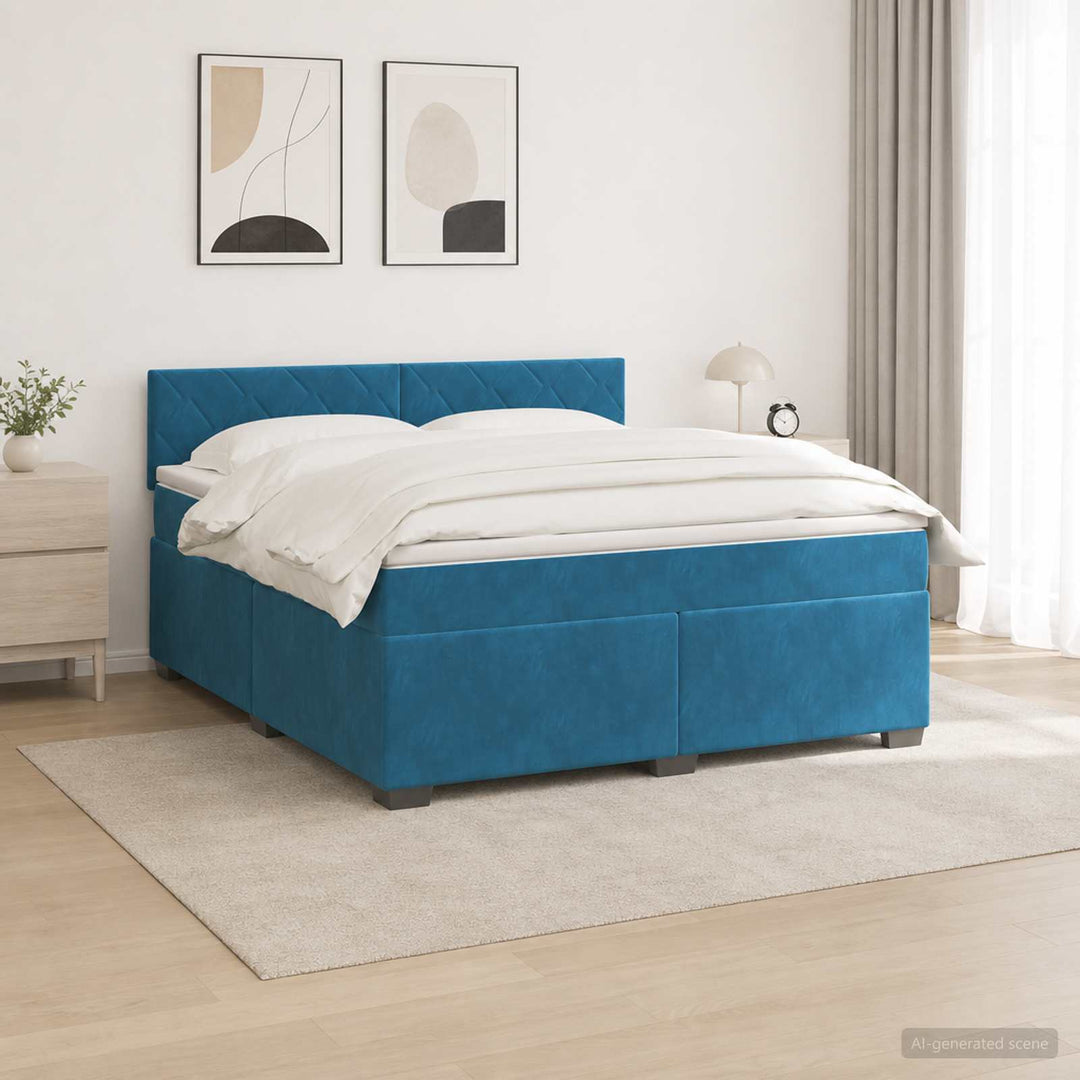 Box Spring Seng med Madras og LED Blå 140 x 200 cm Velour