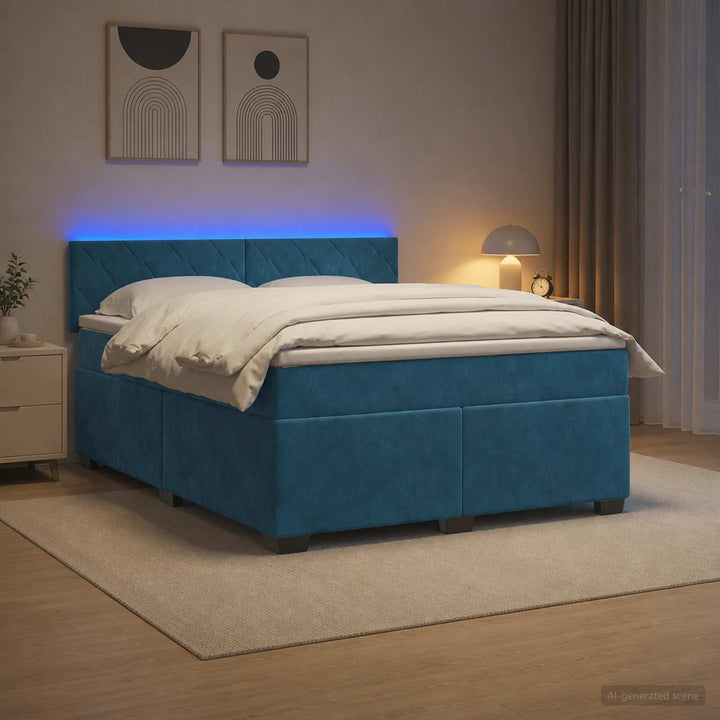 Box Spring Seng med Madras og LED Blå 140 x 190 cm Velour