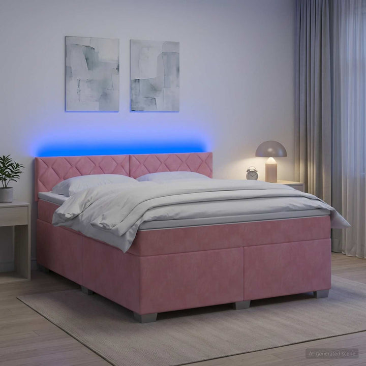 Box Spring Seng med Madras og LED Lyserød 160 x 200 cm Velour