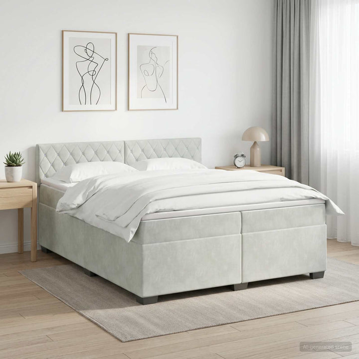 Box Spring Seng med Madras og LED Lysegrå 200 x 200 cm Velour