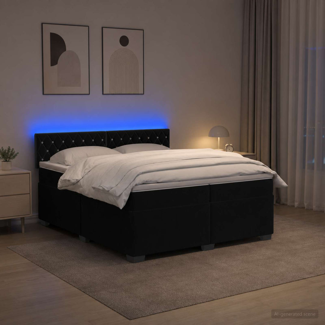 Box Spring Seng med Madras og LED Sort 200 x 200 cm Velour