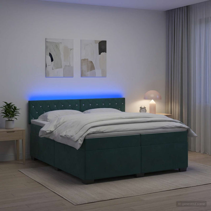 Box Spring Seng med Madras og LED Mørkegrøn 200 x 200 cm Velour
