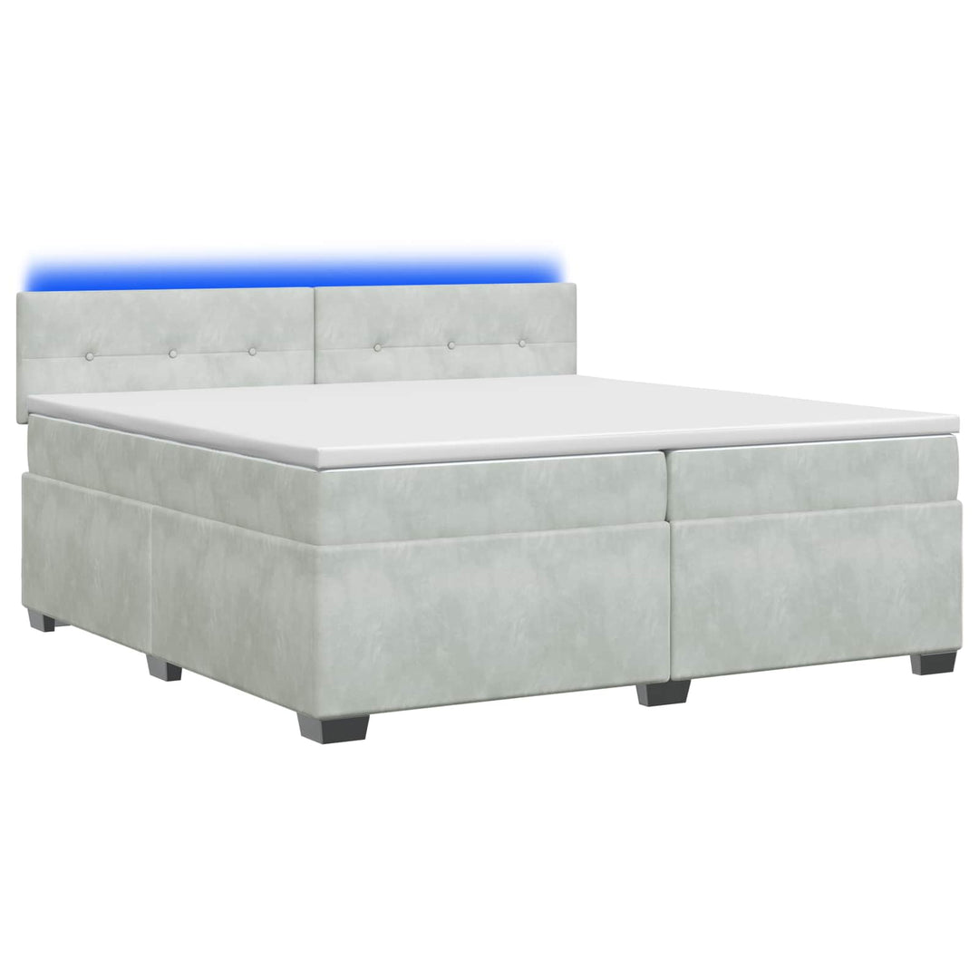 Box Spring Seng med Madras og LED Lysegrå 200 x 200 cm Velour