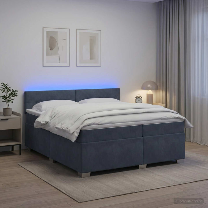 Box Spring Seng med Madras og LED Mørkegrå 200 x 200 cm Velour