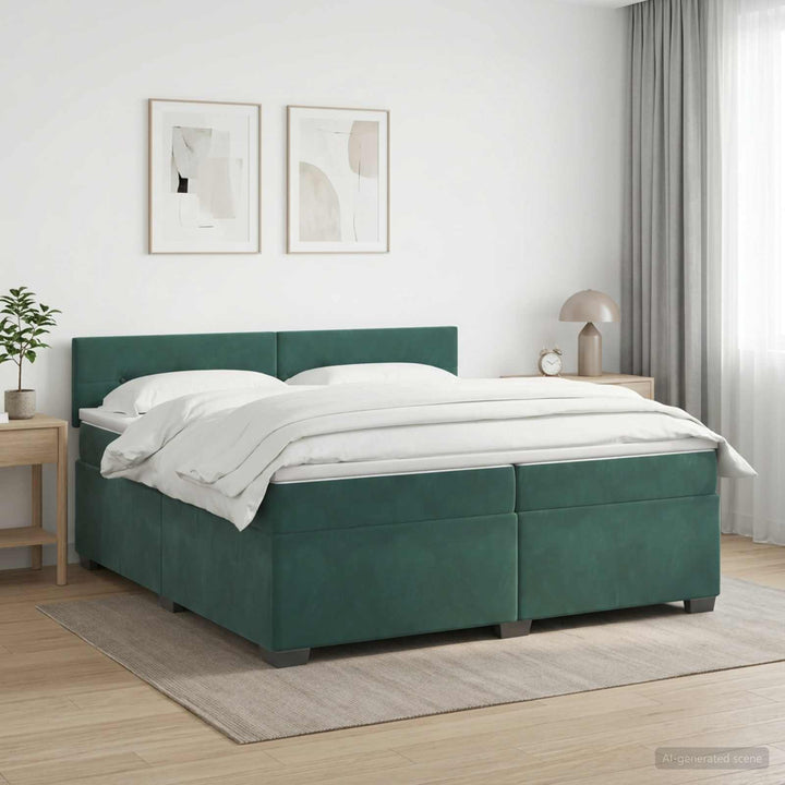 Box Spring Seng med Madras og LED Mørkegrøn 200 x 200 cm Velour