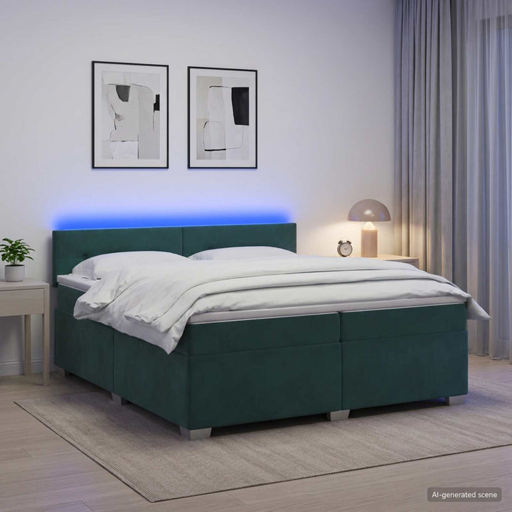 Box Spring Seng med Madras og LED Mørkegrøn 200 x 200 cm Velour