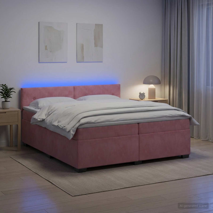 Box Spring Seng med Madras og LED Lyserød 200 x 200 cm Velour