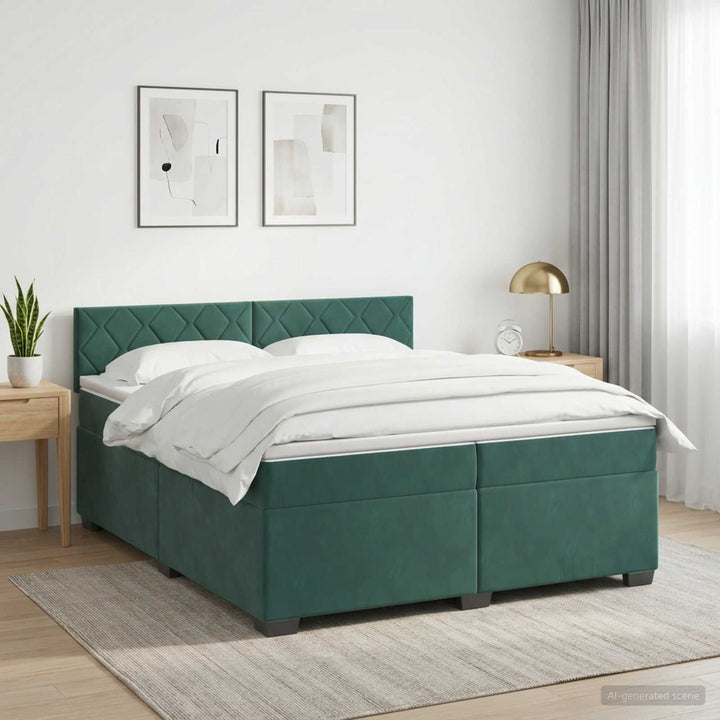 Box Spring Seng med Madras og LED Mørkegrøn 200 x 200 cm Velour