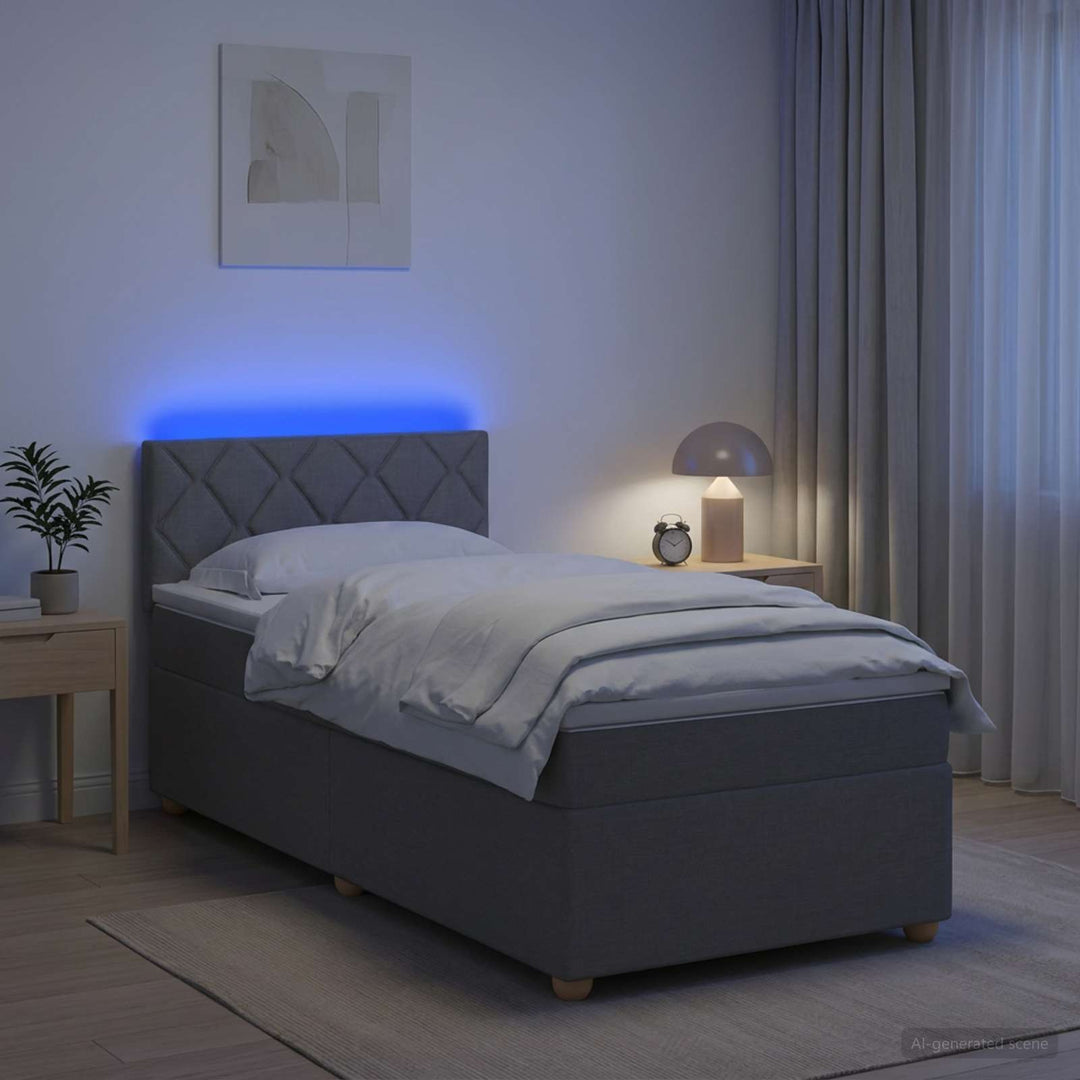 Box Spring Seng med Madras og LED Lysegrå 90 x 190 cm Stof