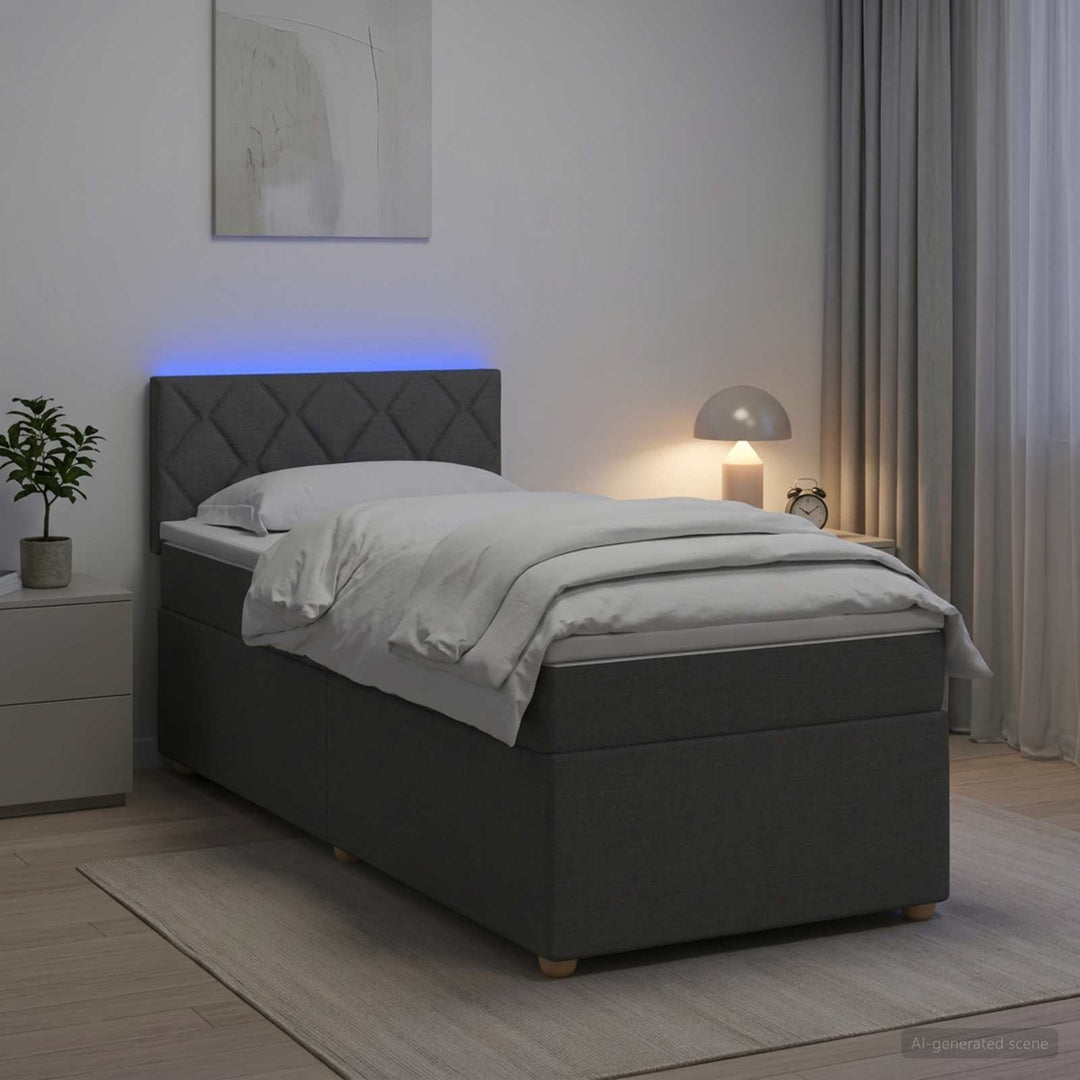 Box Spring Seng med Madras og LED Mørkegrå 90 x 190 cm Stof