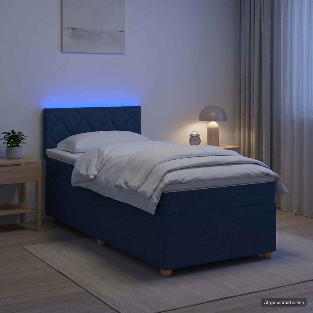 Boxmadras med topmadras med hovedgærde Blå 90 x 190 cm Stof