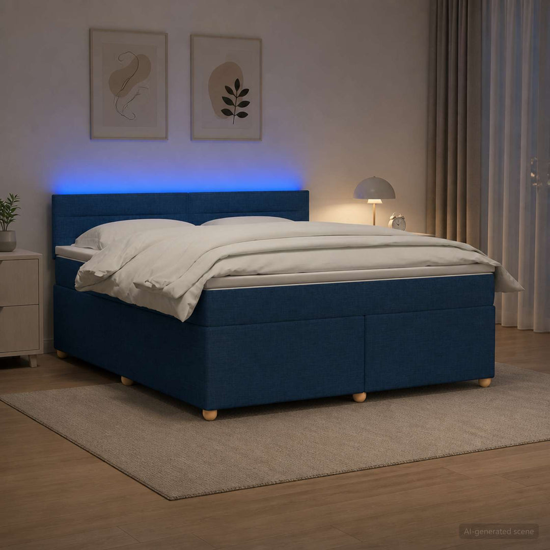 Boxmadras med topmadras med hovedgærde Blå 140 x 200 cm Stof