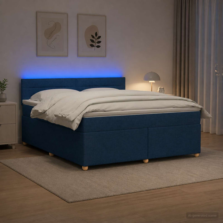 Boxmadras med topmadras med hovedgærde Blå 160 x 200 cm Stof