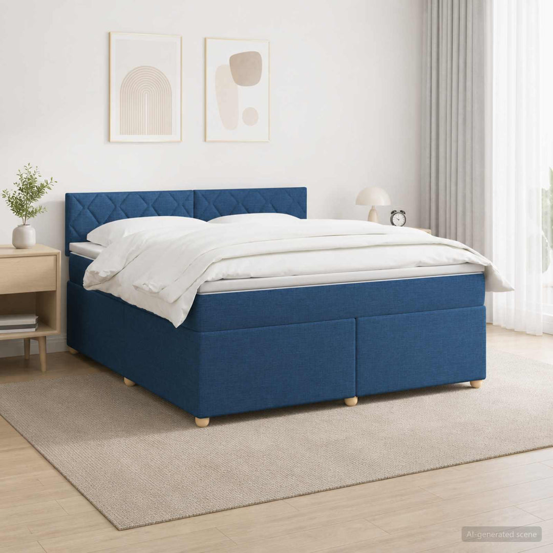 Boxmadras med topmadras med hovedgærde Blå 160 x 200 cm Stof