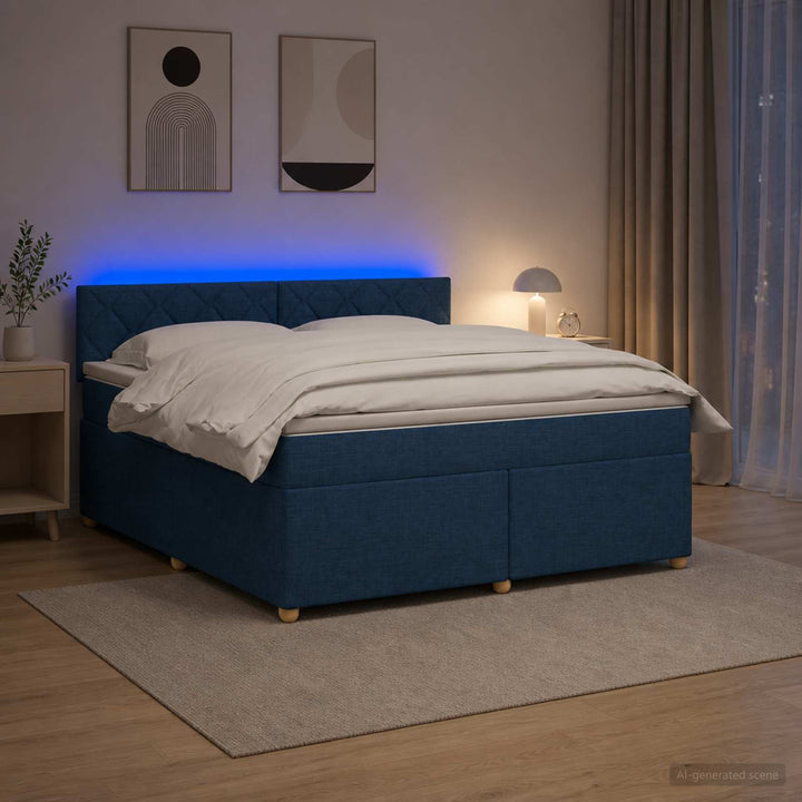 Boxmadras med topmadras med hovedgærde Blå 160 x 200 cm Stof