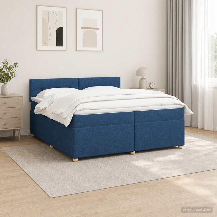 Boxmadras med topmadras med hovedgærde Blå 200 x 200 cm Stof