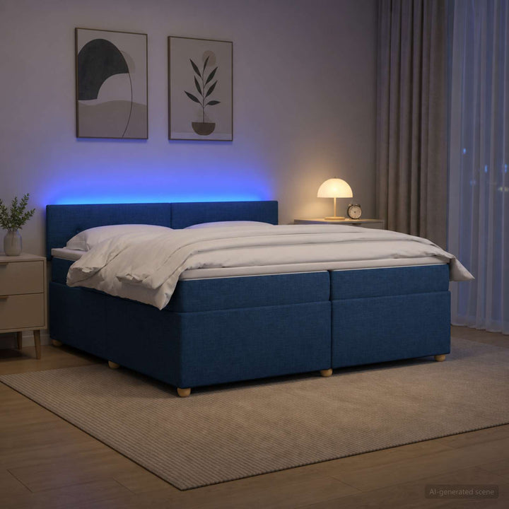 Boxmadras med topmadras med hovedgærde Blå 200 x 200 cm Stof