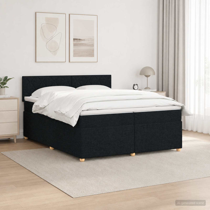 Boxmadras med topmadras med hovedgærde Sort 200 x 200 cm Stof