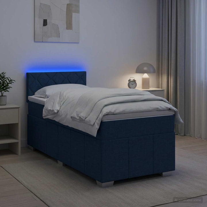 Boxmadras med topmadras med hovedgærde Blå 100 x 200 cm Stof
