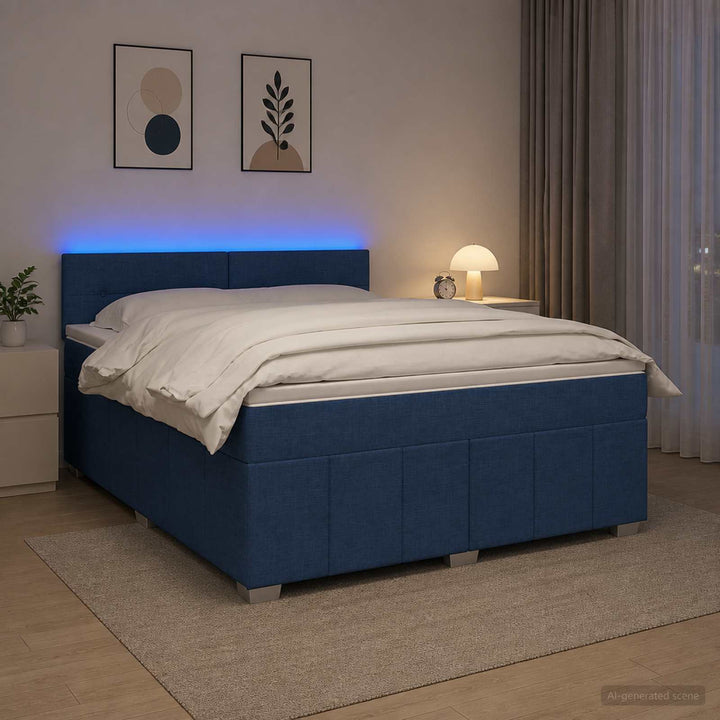 Boxmadras med topmadras med hovedgærde Blå 160 x 200 cm Stof