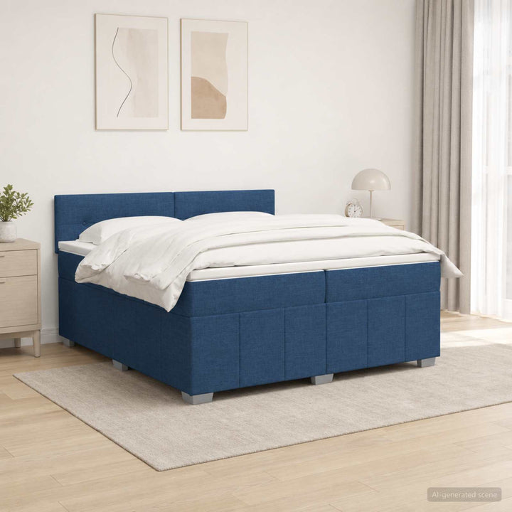 Boxmadras med topmadras med hovedgærde Blå 200 x 200 cm Stof