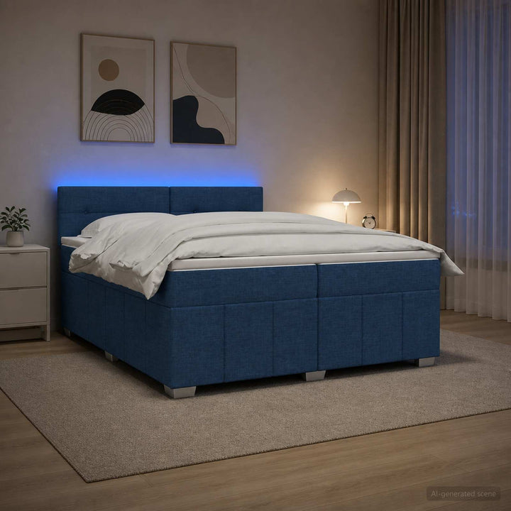 Boxmadras med topmadras med hovedgærde Blå 200 x 200 cm Stof