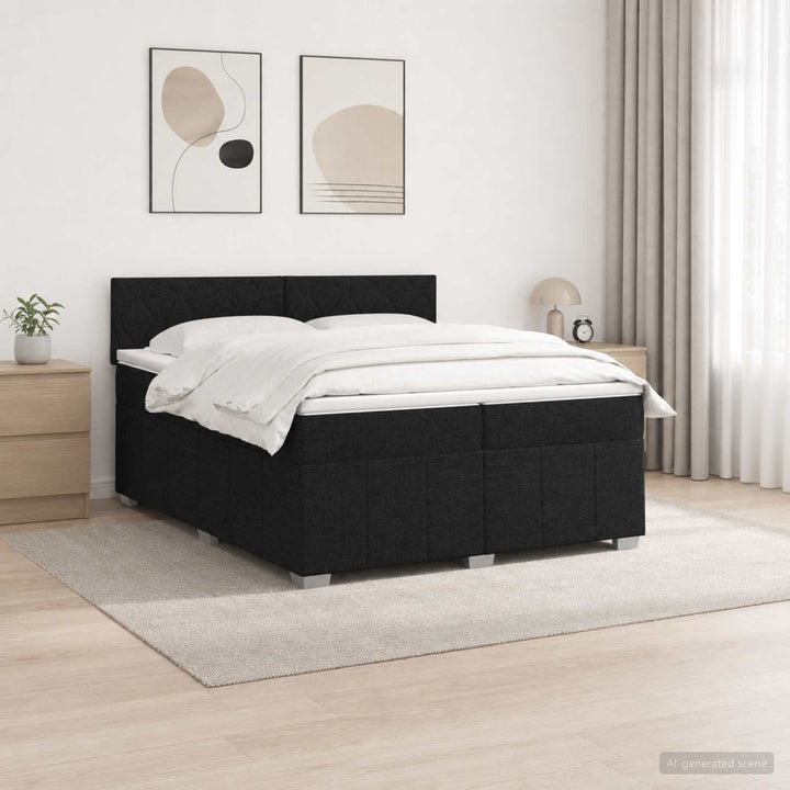 Boxmadras med topmadras med hovedgærde Sort 200 x 200 cm Stof