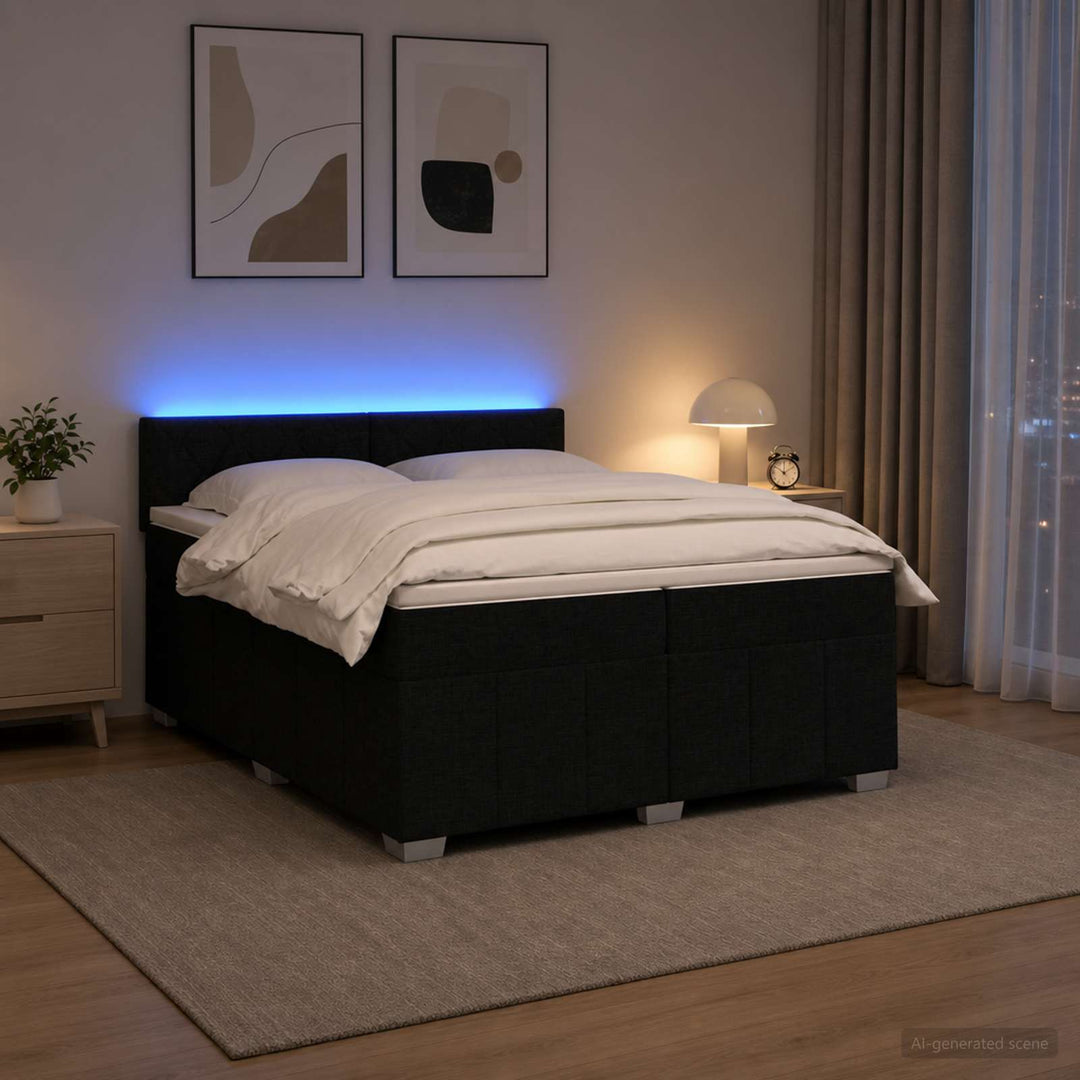 Boxmadras med topmadras med hovedgærde Sort 200 x 200 cm Stof